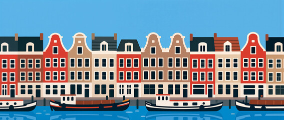 Colorful canal houses along a serene waterfront in Amsterdam