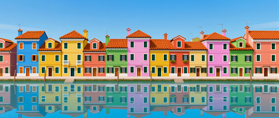 Colorful houses reflect in the serene waters of Burano island