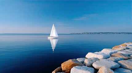 Tranquil Sailboat Gliding on Calm Blue Water Near Rocky Shore Under Clear Sky With Distant Townscape Reflection on Surface
