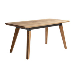Scandinavian style wooden table with three legs and metal brace, natural oak finish, isolated object