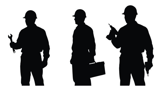 Worker silhouettes with tools isolated on white background, Vector