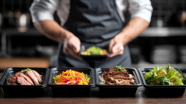 A skilled chef arranges a variety of tasty meals in disposable dishes, preparing them for quick delivery. Colorful vegetables and perfectly cooked meats showcase culinary artistry