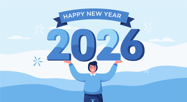 A person celebrating the Happy New Year 2026, holding up large blue numbers against a light blue background with snowflakes.