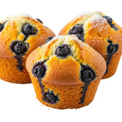 Three fresh blueberry muffins isolated on transparent background, ready to eat