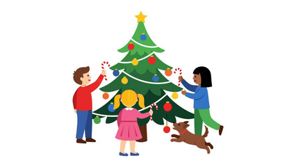 Festive Moments: Joyful Children Decorating a Christmas Tree, creating a vibrant scene filled with holiday spirit and cheer.