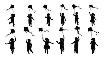Children flying kites silhouettes isolated on white background, Vector