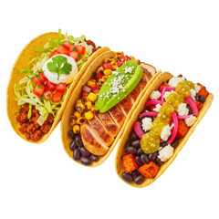 Three delicious tacos isolated on transparent background, each with unique toppings