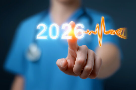 A healthcare professional interacts with a digital display showing the year 2026 and a heartbeat, symbolizing advancements in medical technology.