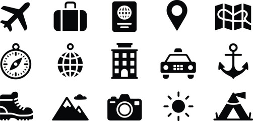 Travel and Vacation Icons Set Airplane Suitcase Passport Compass Globe Hotel Taxi Anchor