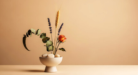 A minimalist floral arrangement in a white vase on a neutral background