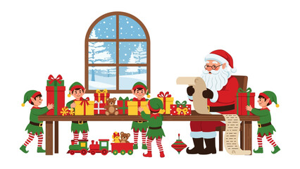 Workshop Harmony: A scene unfolds within a festive workshop, where Santa Claus, surrounded by a team of diligent elves, meticulously reviews his list of good deeds.
