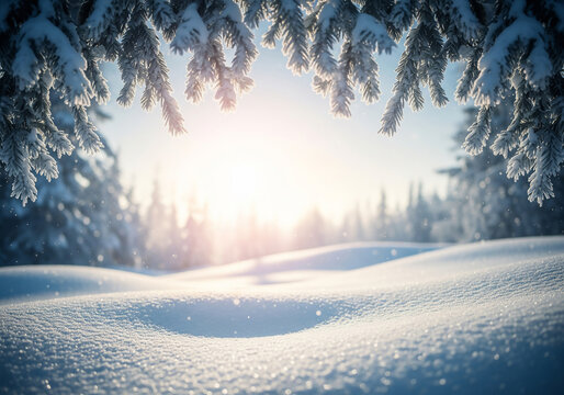 Idyllic winter landscape featuring glistening snow drifts and a backdrop of sunlit forest trees. The scene is framed by heavy frosted fir tree branches with bright sun flare.