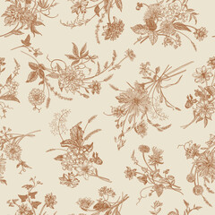 Fototapeta premium Elegant vintage floral seamless pattern in warm brown tones on a soft beige background. Detailed botanical illustrations with classic flower arrangements and delicate foliage.
