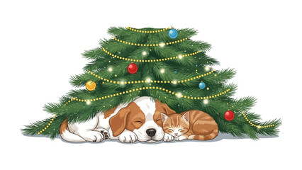 Cozy Christmas Nap: A heartwarming scene unfolds as a cat and dog snuggle together beneath a festively decorated Christmas tree, evoking feelings of warmth and companionship. 
