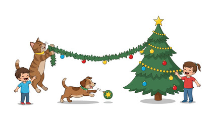 Christmas Decoration: A heartwarming illustration of a festive scene. A cheerful young child with their beloved pet dog and a cat decorate a sparkling Christmas tree.