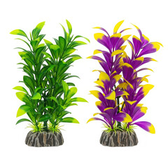 Two artificial aquarium plants isolated on transparent background, green and purple