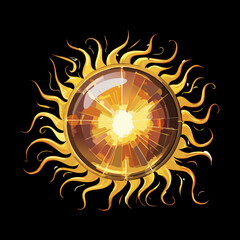 Radiant Golden Sun Symbol with Fiery Rays and Intense Light Flare Representing Power, Energy, Warmth, and Divinity