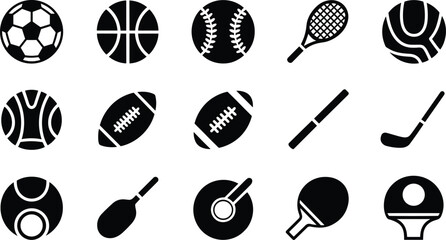 Variety of sports equipment and balls icons in black silhouette style
