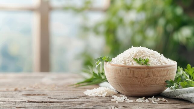 A bowl of fragrant cumin rice on a rustic wooden table.