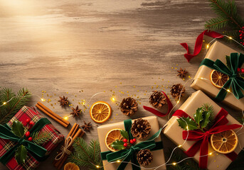 Overhead shot of Christmas gifts wrapped in kraft paper and plaid, accented with pinecones, dried oranges, cinnamon, and string lights on a rustic wooden background.