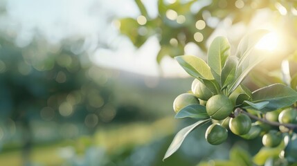 A close-up shot of a macadamia nut tree with unripe nuts.