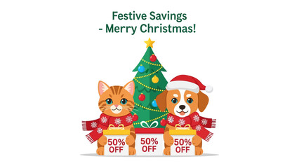Festive Animal Friends Celebration: A merry Christmas scene filled with gifts, a Christmas tree, and two cute animal friends adorned in festive gear, offering holiday savings and joy.