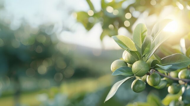 A close-up shot of a macadamia nut tree with unripe nuts.