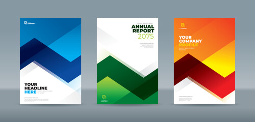 Dynamic cover design featuring a modern abstract zig-zag geometric pattern in blue, green, and orange color. A4 size book cover template for annual report, magazine, booklet, proposal, portfolio