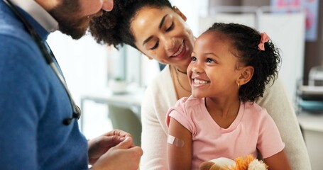 Medical, parent or kid in clinic with plaster, first aid and trust in virus vaccine. Happy,...