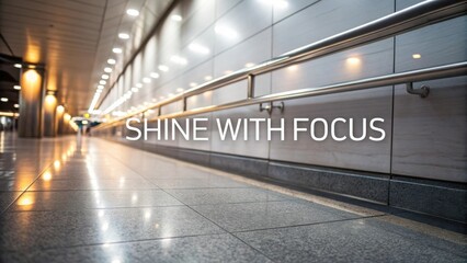 Inspirational interior shot of a corridor with glowing lights and focus on polished floor and motivational phrase on wall