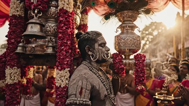 Devotee Carries Kavadi During Thaipusam Festival, Showing Religious Observance and Cultural Devotion in Tamil Nadu, India