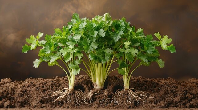 Detailed botanical illustration of parsley plant and parts.