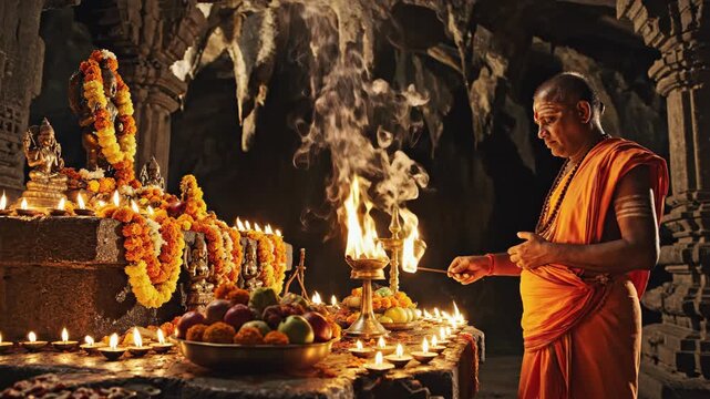 Devotee Lightening Lamps During Thaipusam Festival Celebration in a Hindu Temple, Showing Culture and Religion