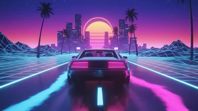 A vibrant journey through a neon cityscape unfolds as a classic car drives along a glowing road. The stunning sunset sets a colorful backdrop with palm trees and city skyline in view.
