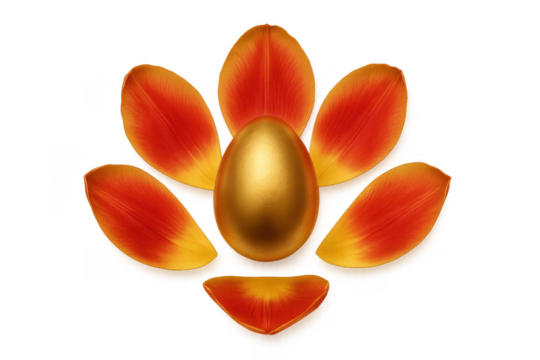 Golden easter egg surrounded by tulip petals celebrating spring