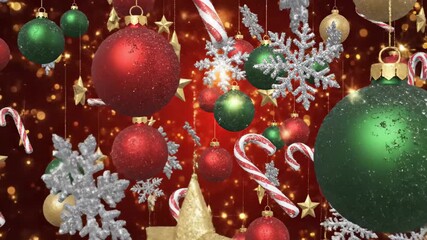 Colorful Christmas ornaments and snowflakes gracefully descend against a festive background, creating a vibrant holiday atmosphere with a smooth camera zoom - Powered by Adobe