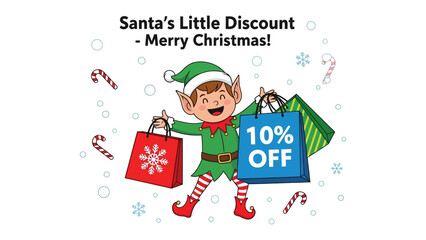 Festive Discount Delight: A joyful elf embodies the holiday spirit, offering tempting discounts and spreading seasonal cheer, set against a backdrop of festive symbols.