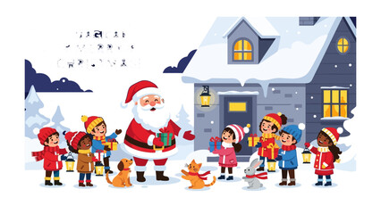 Christmas Celebration: Santa Claus shares gifts and warmth with a group of children, animals, and houses blanketed in snow and adorned with festive lights and decorations.