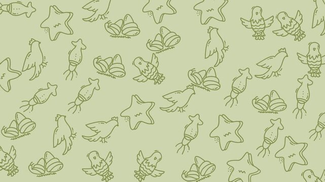 Abstract nature pattern with outlined stars, birds, shrimp, and eggs. Ideal for backgrounds, textile prints, packaging design, and stationery