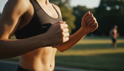 Close-up of fit woman running outdoors in a park, showcasing strong core and athletic physique during a morning workout.