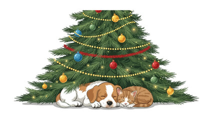 Holiday Snuggle: A cozy illustration depicts a peaceful scene of a dog and cat sleeping peacefully under a decorated Christmas tree, evoking warmth and festive joy.