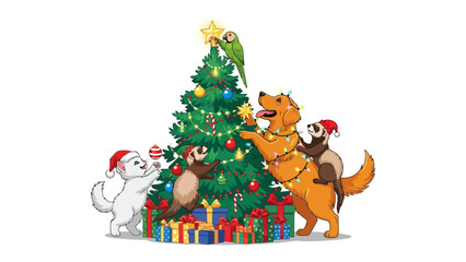 Naklejka premium Festive Friends: A charming illustration depicts a group of adorable pets collaboratively decorating a vibrant Christmas tree, encapsulating the warmth and spirit of the holiday season.