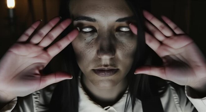 Intense horror film scene featuring a haunting pale woman with piercing white eyes, perfect for thrillers, supernatural tales, and suspenseful narratives