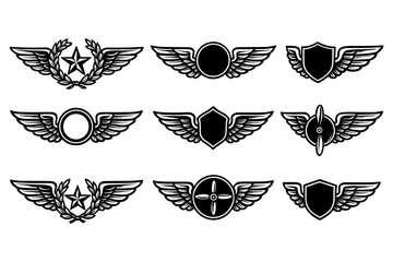 Set of winged insignias with shields and stars on white background