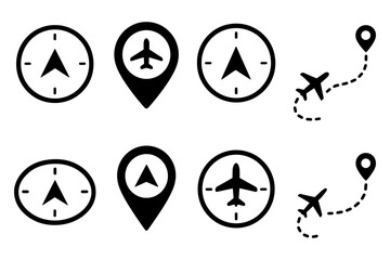 Airplane navigation icons: minimalist travel and flight path symbols