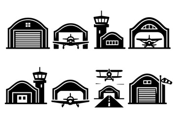 Set of black and white airplane hangar icons with control towers for aviation design