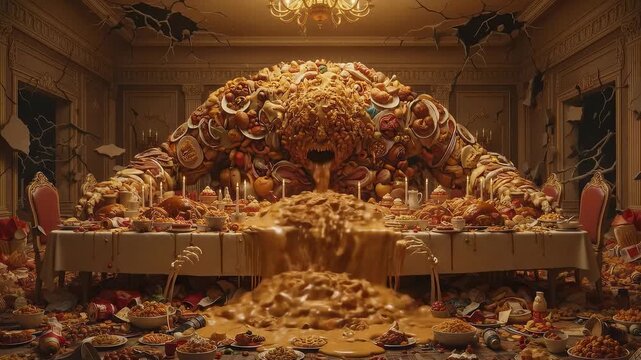 The sumptuous banquet table groans with delicacies, the room fills with colorful dishes, and the feast turns into a bizarre spectacle of excess and wonder. Concept: the mortal sin of gluttony.