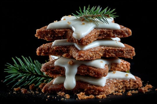 Irresistible gourmet star-shaped cookies adorned with creamy glaze and a sprig of pine, inviting indulgence and evoking festive nostalgia in a luxurious food setting