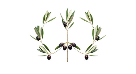 Olive Branch Wreath with Black Olives on White Background.