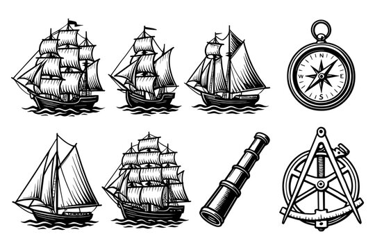 Vintage nautical set with sailing ships and navigational instruments design elements